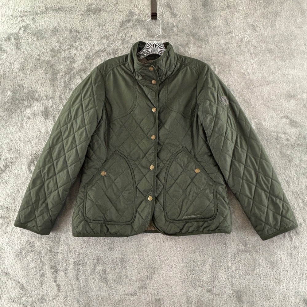 Eddie Bauer Sport Shop Quilted Jacket Womens M Petite Green Snap Close Puffer
